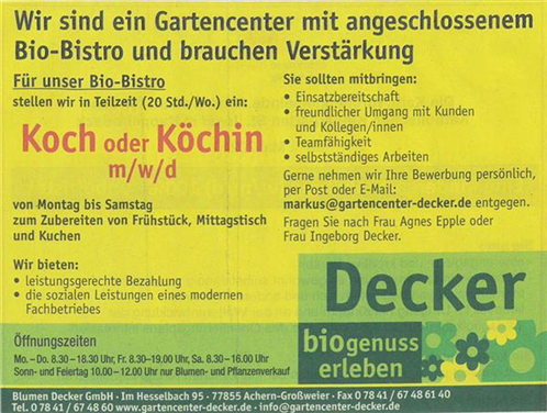 Koch m/w/d für unser Bio-Bistro